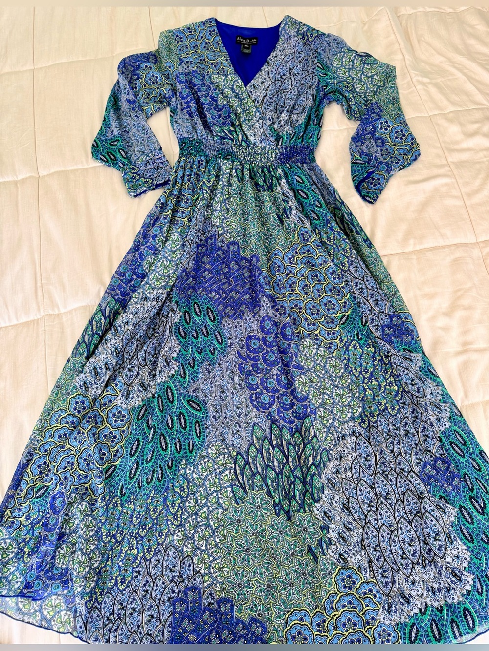 Alexa B Nite maxi blue green paisley dress resort chic party petite size 6 - Picture 12 of 12
